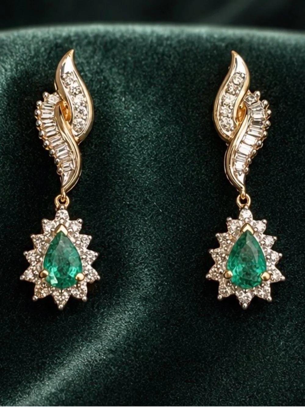 Watch Video / 10K Gold Diamond & Emerald Drop Earrings - Picture 3 of 7